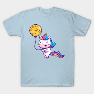 Cute Unicorn with Moon Balloon Cartoon T-Shirt